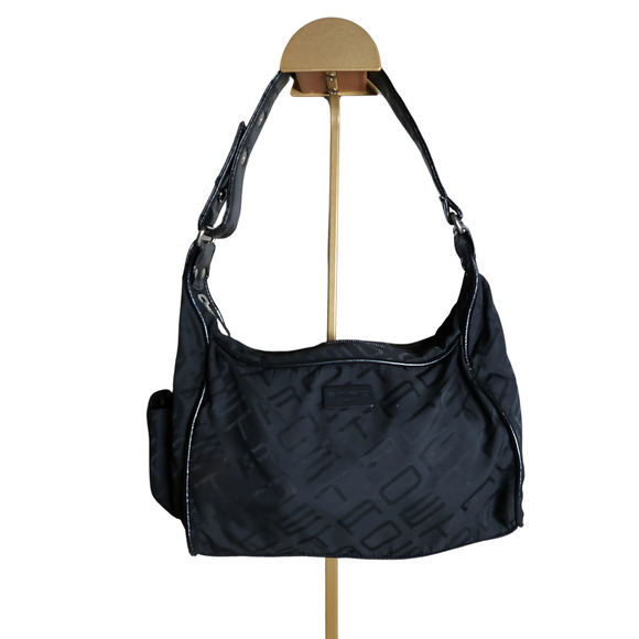 ETRO Black Hobo Purse Shoulder Bag Monogram Canvas w/ Patent Leather Strap Italy - Picture 3 of 9